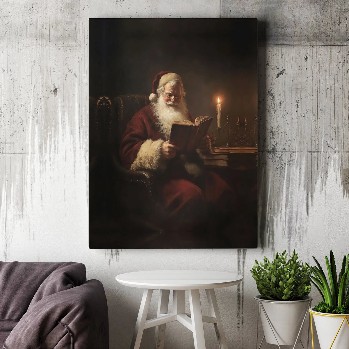 Vintage Christmas Canvas Wall Art, Santa Claus Reading a Book Canvas Print, Oil Painting Style Holiday Canvas, Festive Xmas W