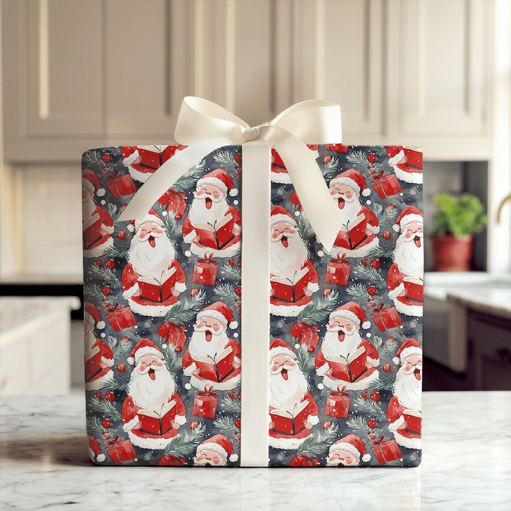 Watercolor Caroler Christmas Gift Wrap, Singing Santa Wrapping Paper, Dark Blue Holiday Wrapping Paper, Caroling Gift Wrap Ro
