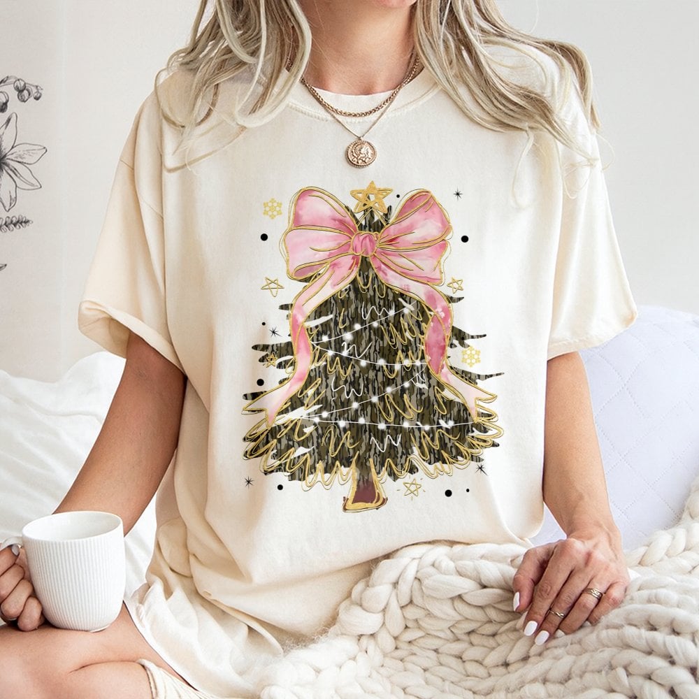 Coquette Pink Bow Aesthetic Graphic Tee, Camo Christmas Tree T-Shirt, Camo Tree Holiday Shirt, Adorable Camo Xmas Tee, Holida