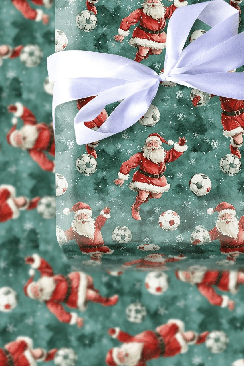 Sports Santa Holiday Gift Wrap Roll, Soccer Santa Christmas Wrapping Paper, Football Player Present Paper, Athletic Kid Gift 