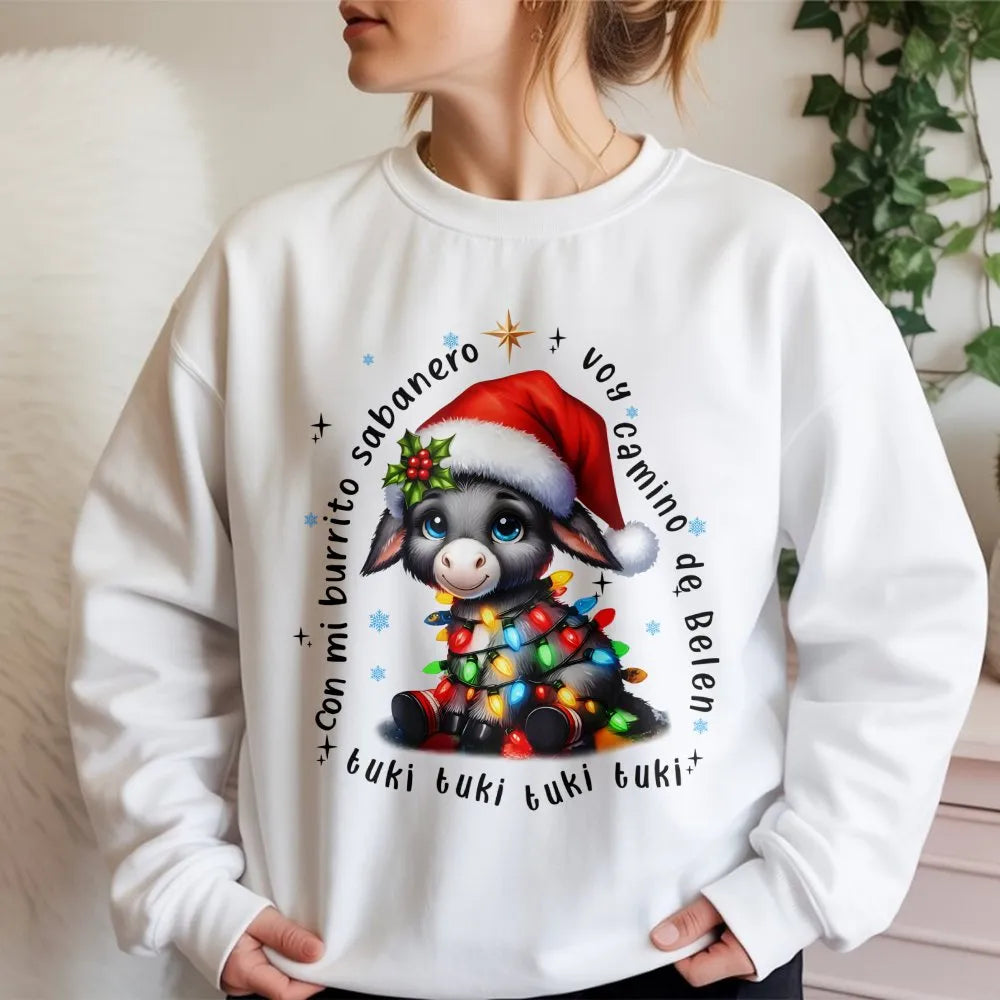Adorable Spanish Donkey Christmas Sweater, Mi Burrito Sabanero Sweatshirt, Latino Holiday Crewneck, Villancicos Pullover Xmas