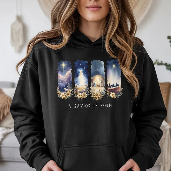 Nativity Scene Graphic Sweatshirt, A Savior Is Born Hoodie, Christian Religious Christmas Pullover, Holy Night Hooded Sweatsh