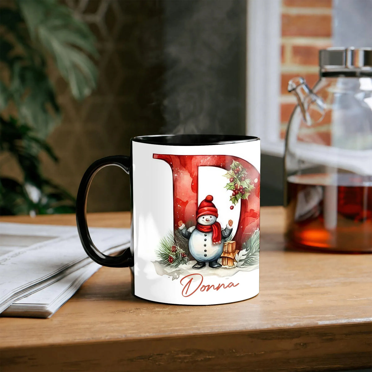 Personalized Initial D Winter Scene Coffee Cup, Christmas Snowman Monogram Mug, Festive Holiday Tea Mug, Ceramic Xmas Present