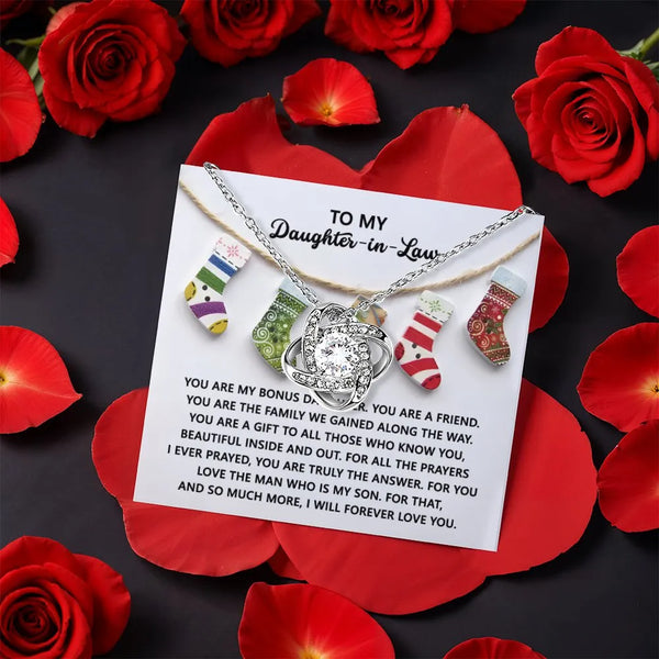 CZ Crystal Love Knot Necklace, Daughter-in-Law Love Knot Necklace, Rose Gift Box Pendant Necklace, Meaningful Christmas Prese