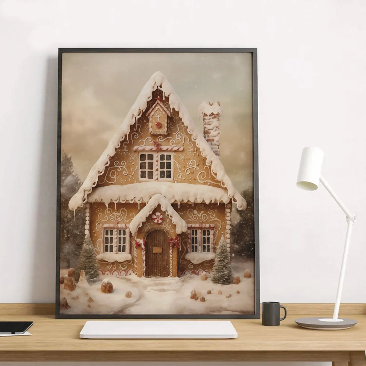 Vintage Winter Holiday Snow Poster, Gingerbread House Christmas Wall Art, Comfy Festive Christmas Cottage Print, Xmas Decor, 