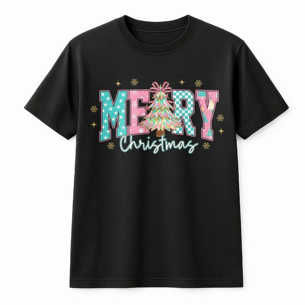 Coquette Aesthetic Pink Tree Shirt, Merry Christmas T-Shirt, Checkered Holiday Bow Tee, Adorable Festive Xmas Graphic T-Shirt