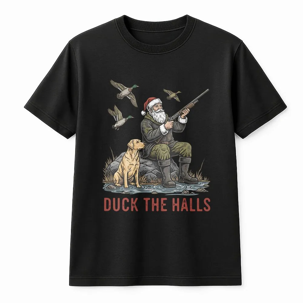 Humorous Duck Hunting Santa Shirt, Duck the Halls Christmas T-Shirt, Hunter Xmas Graphic Tee, Holiday Outdoorsman T-Shirt, Xm