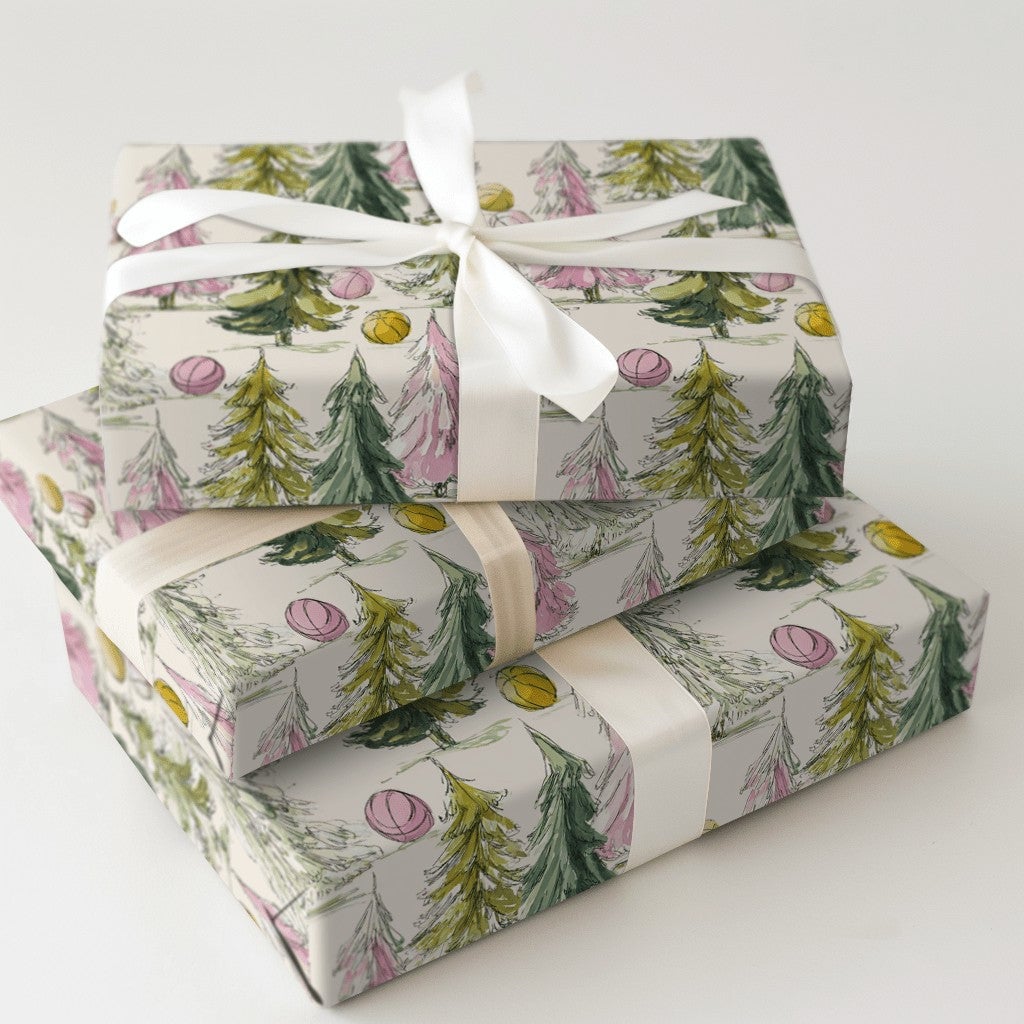 Watercolor Tree Gift Wrap, Pink and Green Christmas Trees Wrapping Paper, Whimsical Holiday Wrapping Paper, Pastel Christmas 