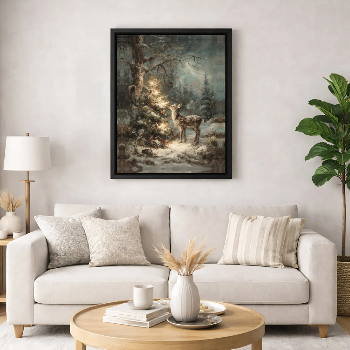 Snowy Forest Winter Wonderland Print, Christmas Deer Canvas Wall Art, Holiday Reindeer Canvas Decor, Rustic Christmas Season 