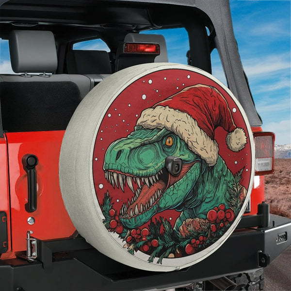 Santa Hat Dinosaur Wheel Cover, Dino Claus T-Rex Christmas Spare Tire Cover, Humorous Holiday Tire Protector, Xmas Present fo