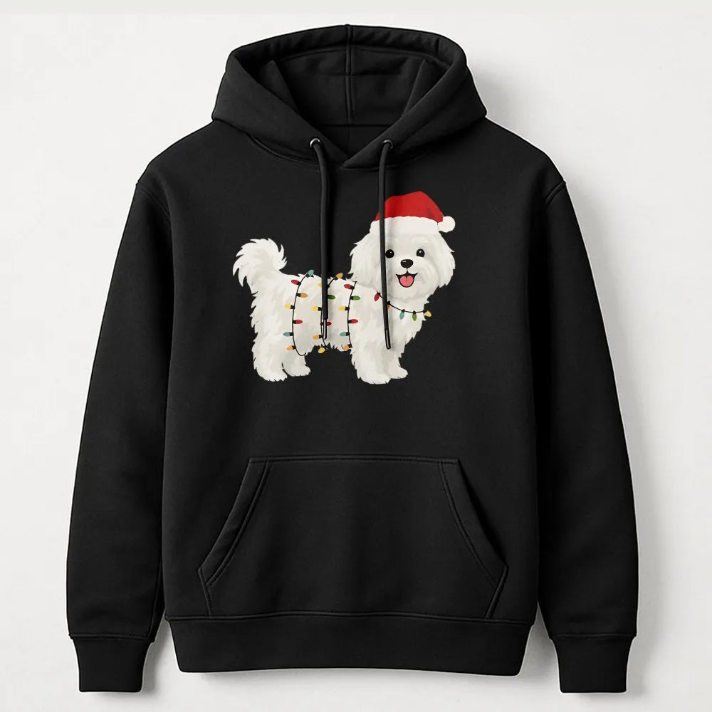Santa Hat Puppy Graphic Hooded Sweatshirt, Maltese Dog Christmas Hoodie, Adorable Dog Lover Holiday Pullover, Festive Dog Mom