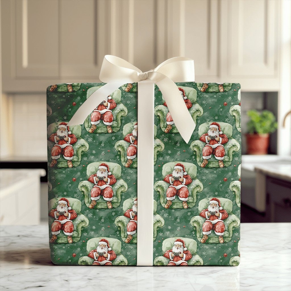 Video Game Christmas Gift Wrap, Gamer Santa Wrapping Paper, Humorous Gaming Santa Wrapping Paper, Tech Lover Holiday Paper Ro