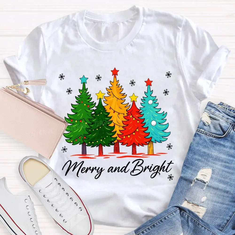 Colorful Holiday Graphic Tee, Merry and Bright Christmas Tree T-Shirt, Festive Xmas Tree Shirt, Retro Christmas Tee, Holiday 