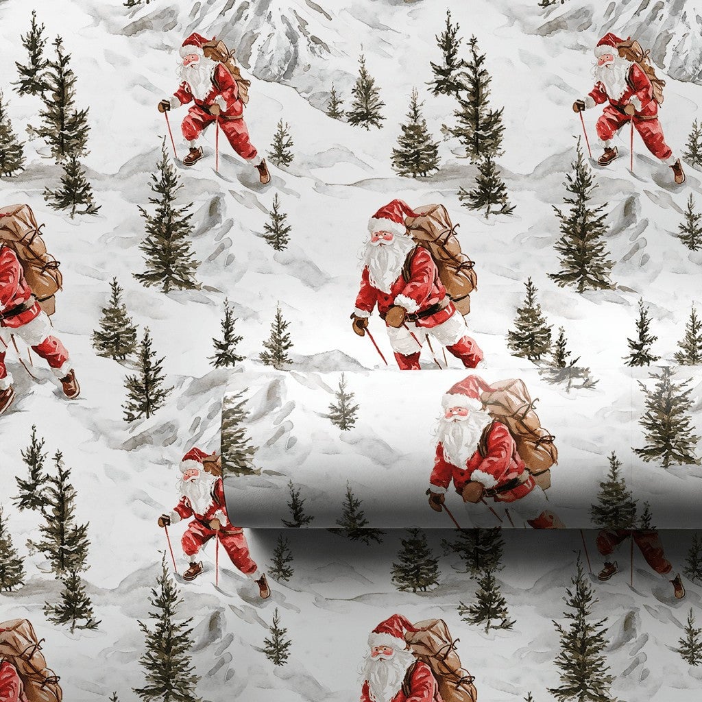 Mountain Expedition Christmas Gift Wrap, Hiking Santa Wrapping Paper, Watercolor Outdoor Santa Claus Present Paper, Rustic Wi