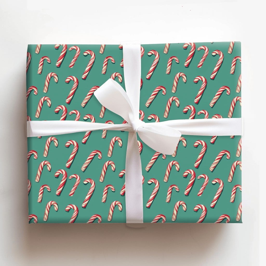Festive Candy Cane Gift Wrap, Candy Cane Christmas Wrapping Paper, Red and White Candy Cane Present Paper, Teal Holiday Wrapp