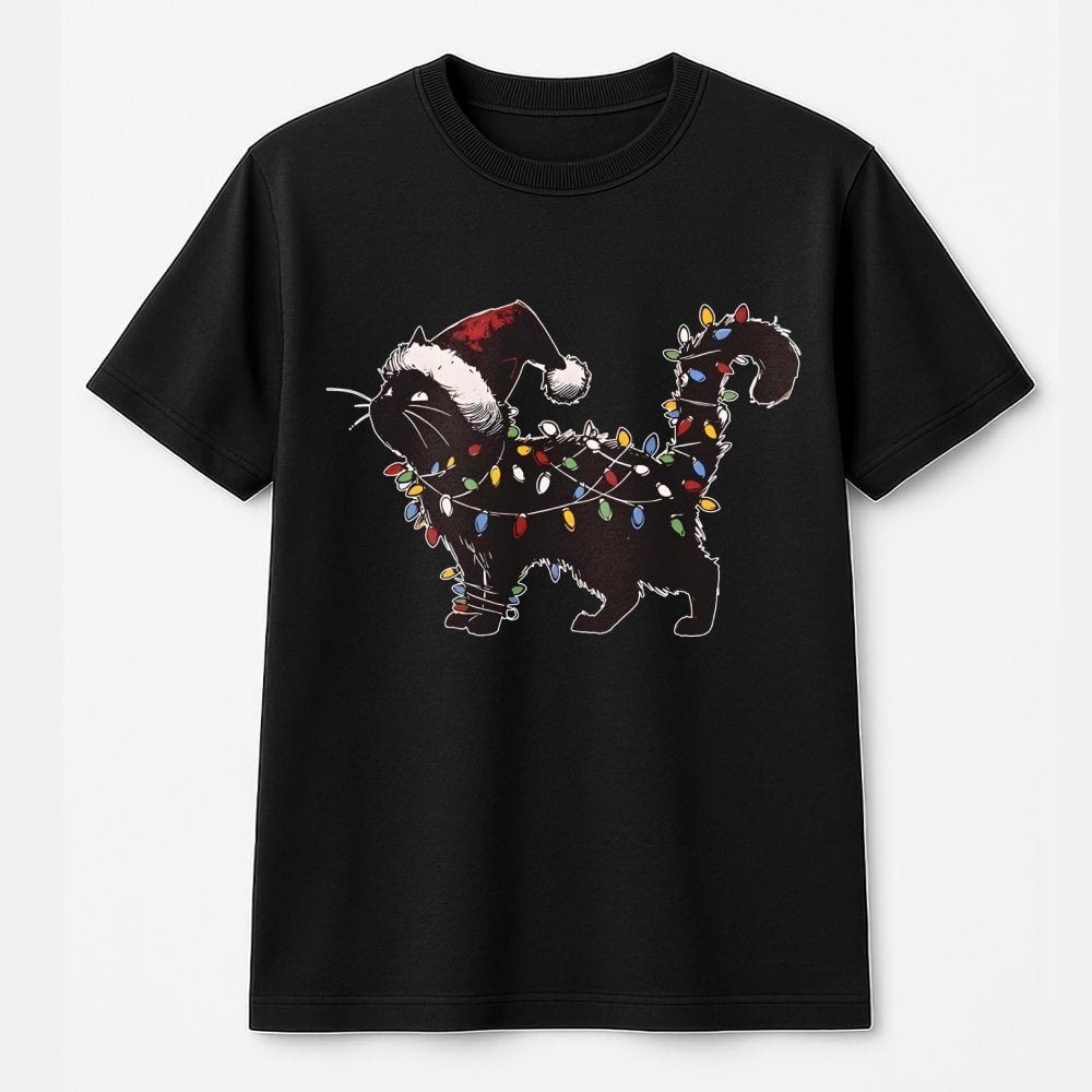 Humorous Holiday Kitten Graphic Tee, Black Cat Christmas Lights T-Shirt, Xmas Cat Lover Shirt, Adorable Christmas Pet Owner P