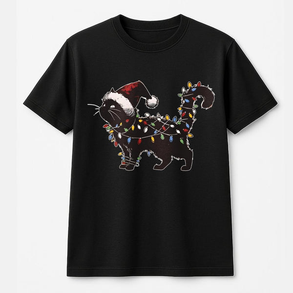 Humorous Holiday Kitten Graphic Tee, Black Cat Christmas Lights T-Shirt, Xmas Cat Lover Shirt, Adorable Christmas Pet Owner P