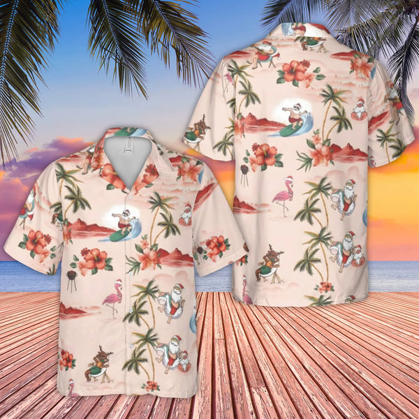 Humorous Tropical Holiday Aloha Shirt, Surfing Santa Christmas Hawaiian Shirt, Beach Santa Button Down Shirt, Xmas Vacation P