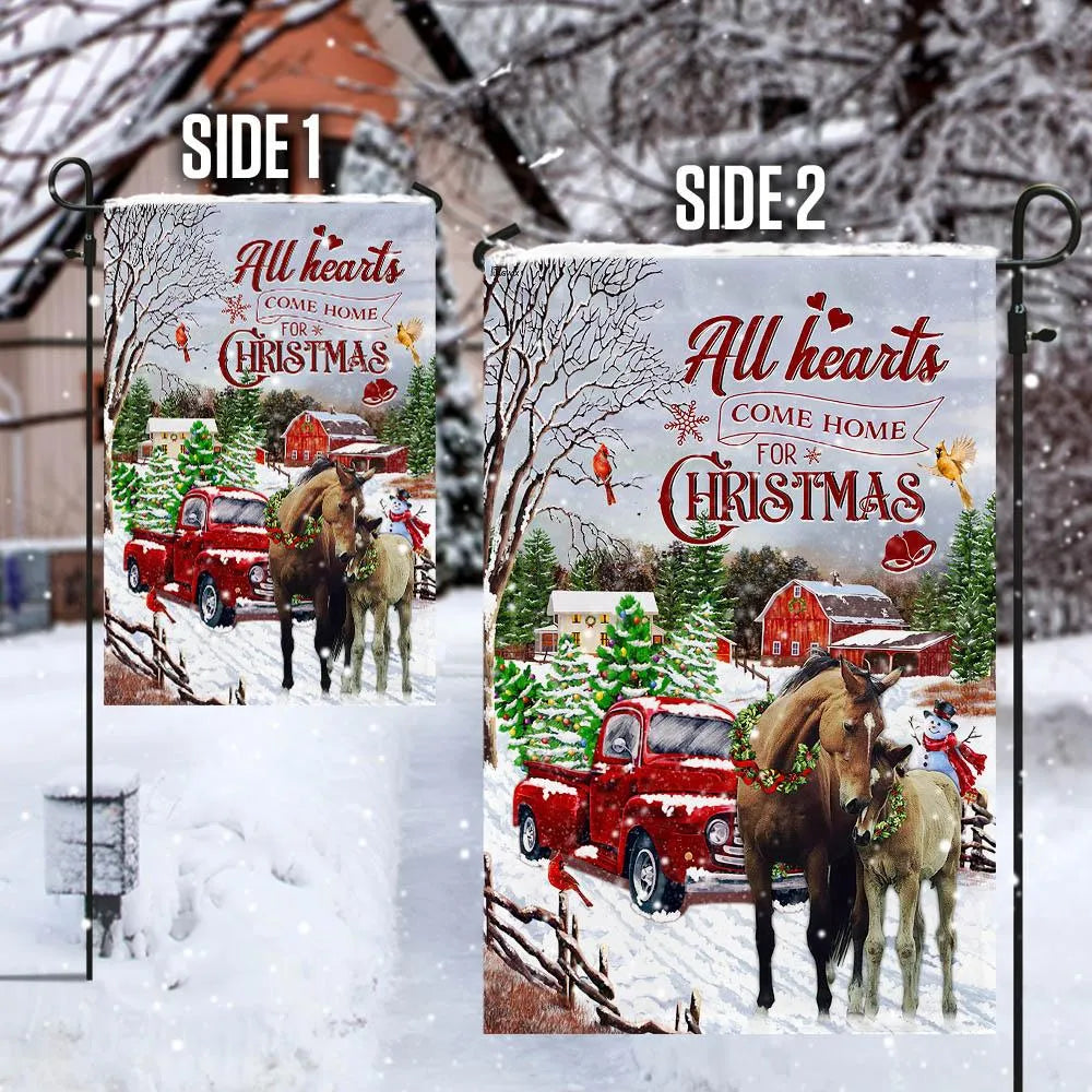 Red Truck Winter Horse Yard Flag, All Hearts Come Home for Christmas Garden Flag, Double-Sided Holiday Farmhouse Lawn Flag, X