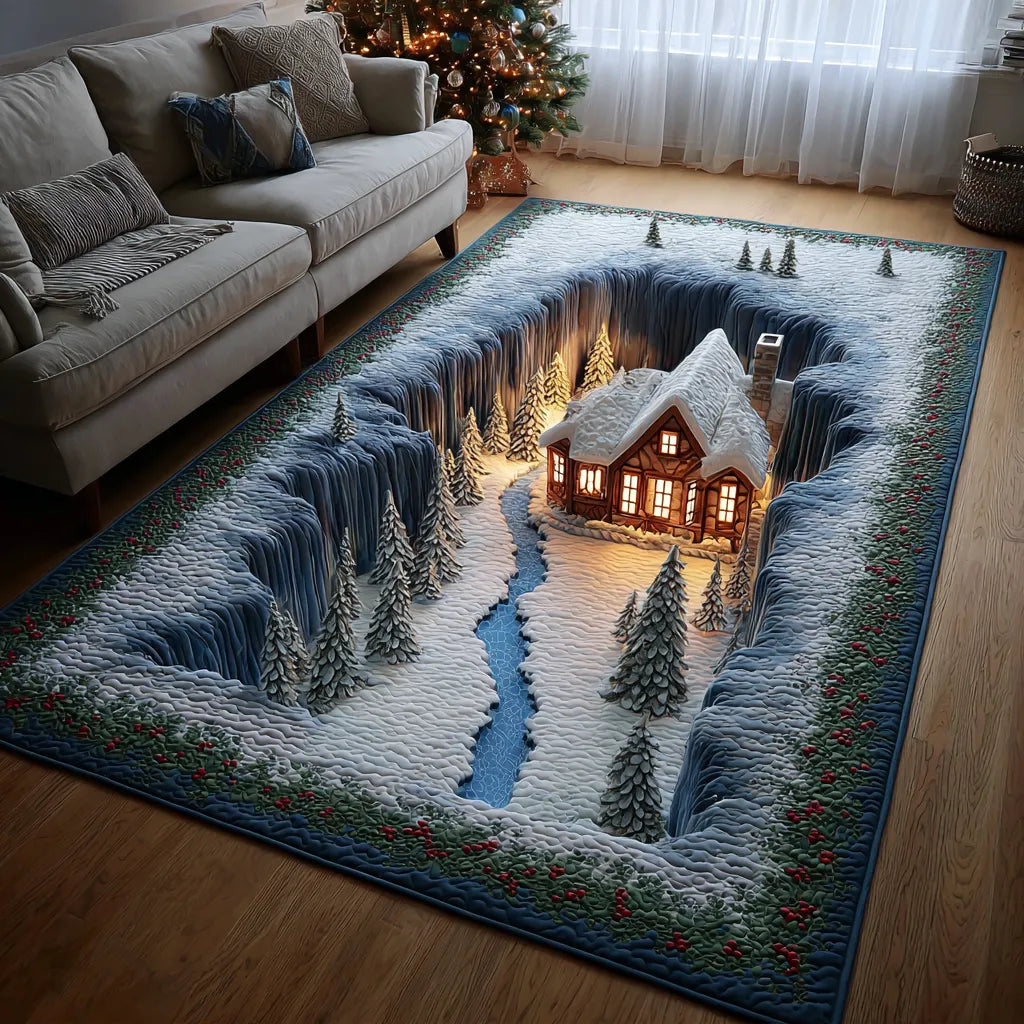 Snowy Landscape Christmas Floor Rug, Winter Village Mountain Cabin Area Rug, Comfy Holiday Village Carpet, Rustic Home Decor 