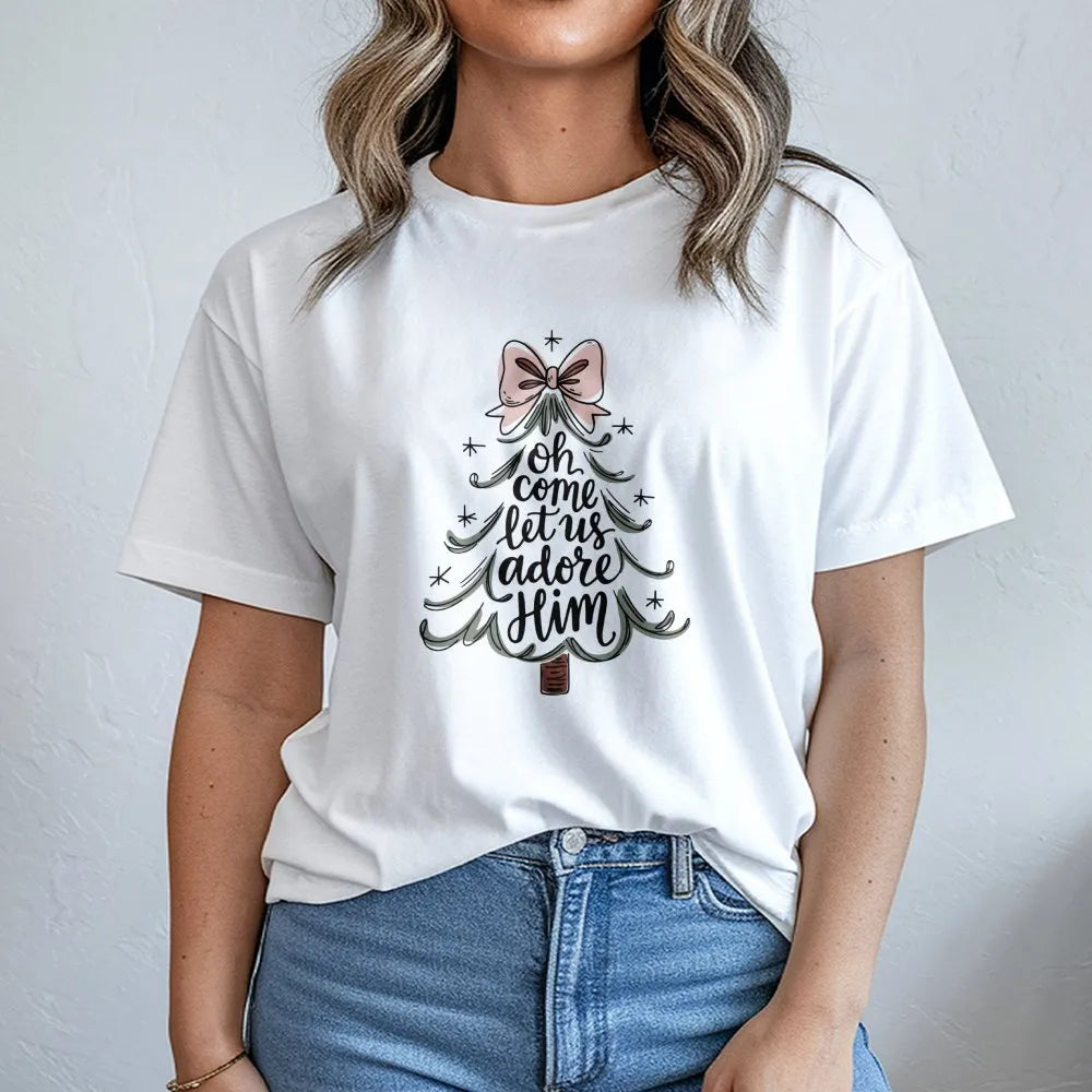 Minimalist Christmas Tree Script Tee, O Come Let Us Adore Him T-Shirt, Christian Holiday Graphic Shirt, Religious Faith Xmas 