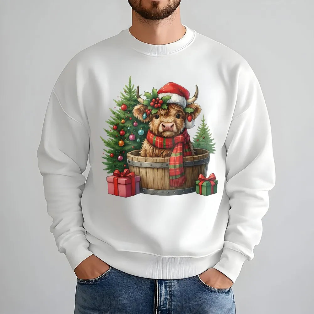 Santa Hat Cow Sweatshirt, Christmas Highland Cow Sweatshirt, Adorable Xmas Cow Crewneck, Festive Holiday Animal Sweater, Wint