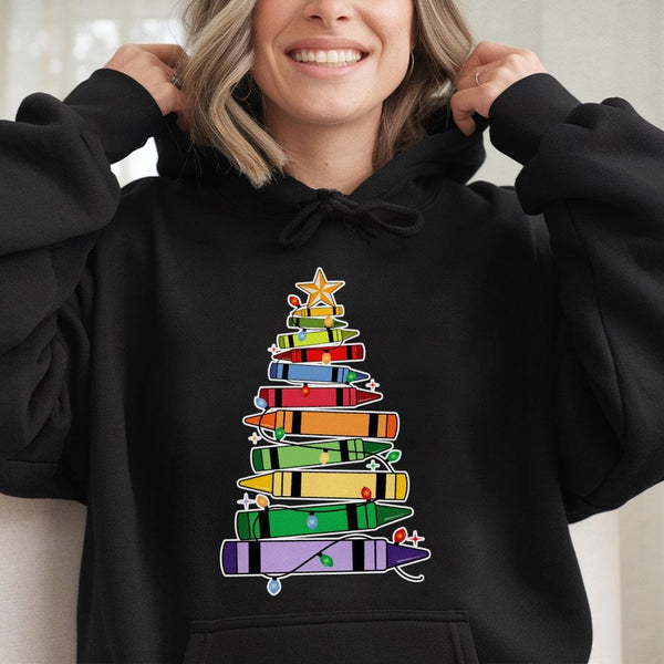 Teacher Holiday Crayon Sweatshirt, Christmas Crayon Tree Hoodie, Elementary School Educator Pullover, Adorable Festive Winter