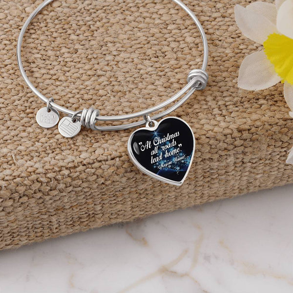Christmas Holiday Charm Bangle, All Roads Lead Home Heart Bangle Bracelet, Silver Tone Festive Heart Bangle, Xmas Present for