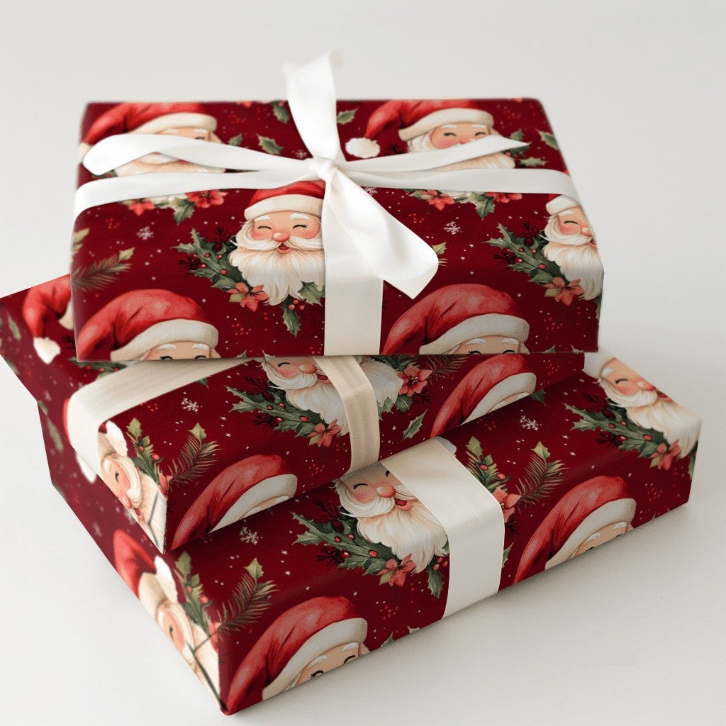 Vintage Christmas Gift Wrap, Jolly Santa Claus Wrapping Paper, Winking Santa Holiday Wrapping Paper, Red Poinsettia Gift Wrap