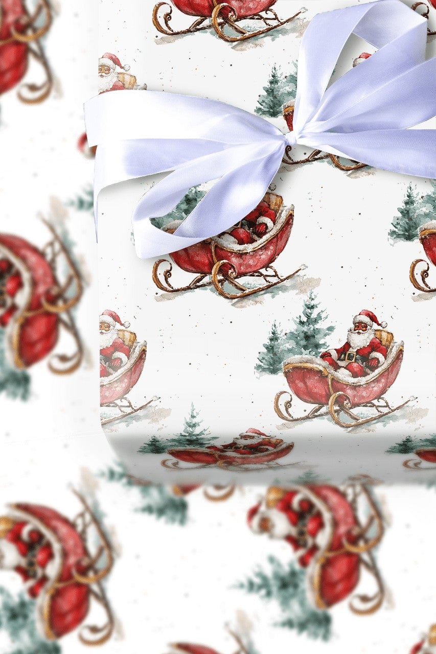 Watercolor Pine Tree Christmas Wrapping Paper, Black Santa Sleigh Wrapping Paper, Inclusive Holiday Gift Wrap, Festive Xmas W