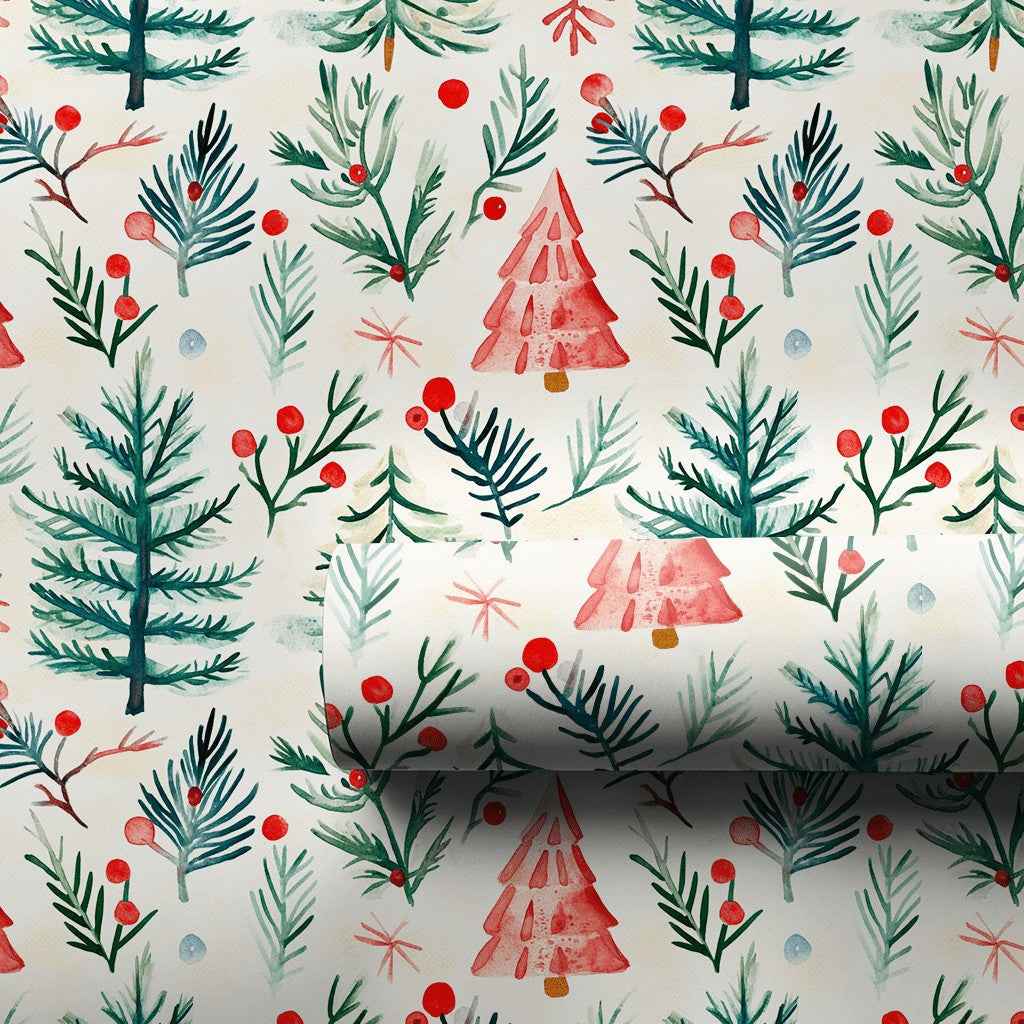 Rustic Winter Forest Gift Wrap, Watercolor Pine Tree Wrapping Paper, Christmas Holly Berry Wrapping Paper, Holiday Present Wr