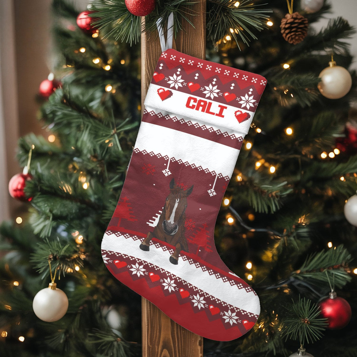 Custom Name Holiday Stocking, Personalized Horse Christmas Stocking, Velboa Equestrian Xmas Stocking, Horse Lover Fireplace M