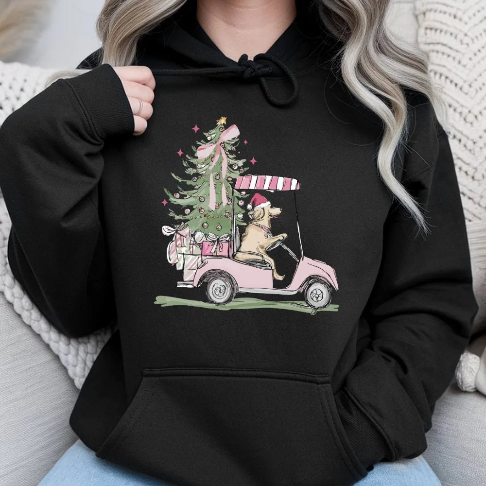 Pink Golf Cart Christmas Hoodie, Christmas Golden Retriever Hoodie, Festive Dog Lover Hooded Sweatshirt, Adorable Golfer Holi
