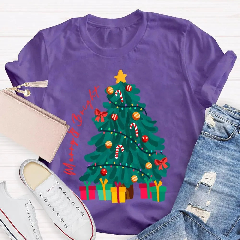 Retro Festive Holiday Graphic Tee, Merry and Bright Christmas Tree T-Shirt, Adorable Xmas Tree Shirt, Winter Holiday Present