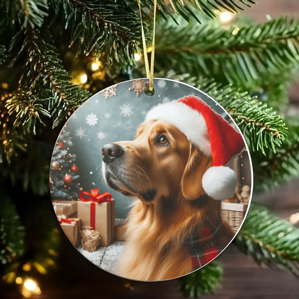 Santa Hat Dog Ornament, Golden Retriever Christmas Ornament, Golden Retriever Tree Ornament, Holiday Pet Keepsake, Dog Lover 