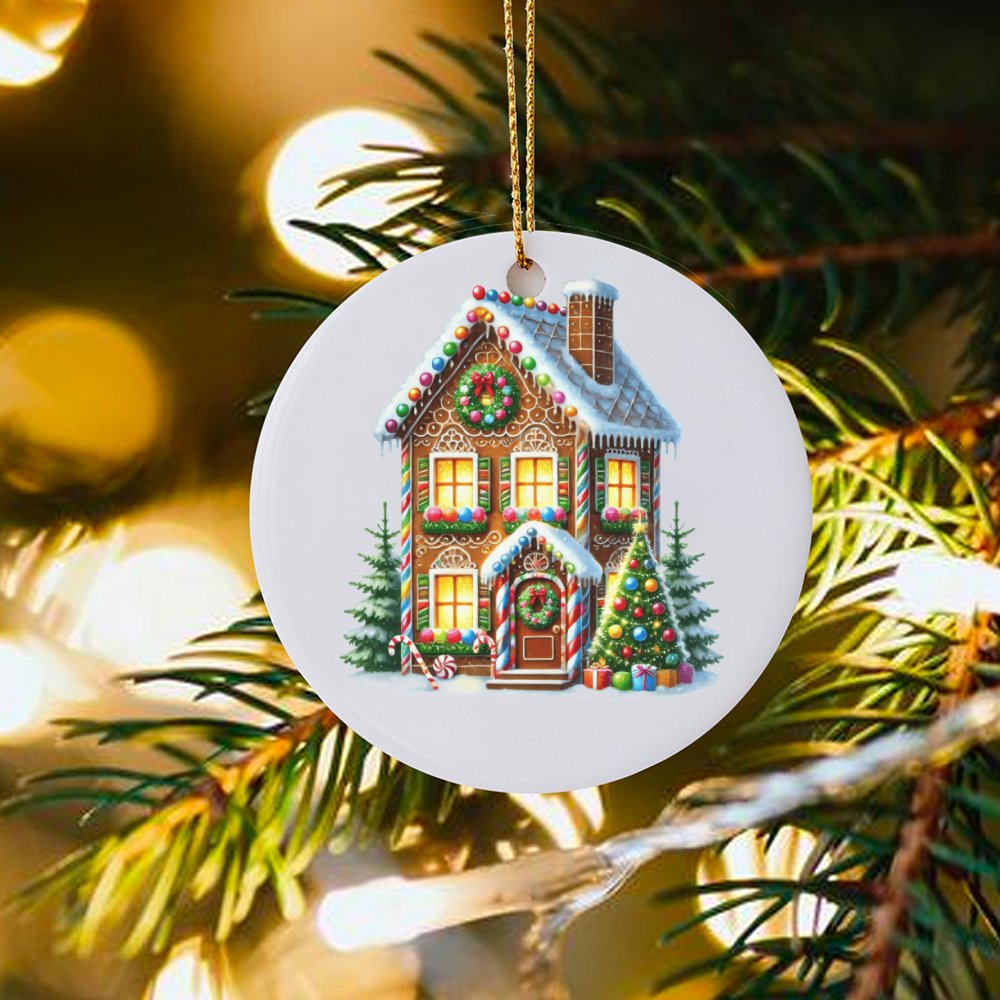 Festive Christmas Tree Ornament, Gingerbread House Ceramic Ornament, Magical Winter Holiday Ornament, Home Tree Decor, Family