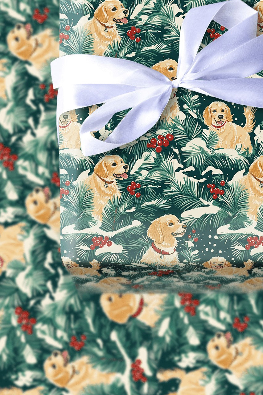 Snowy Pine Holly Dog Gift Wrap, Golden Retriever Wrapping Paper, Winter Dog Lover Holiday Wrapping Paper, Christmas Puppy Wra