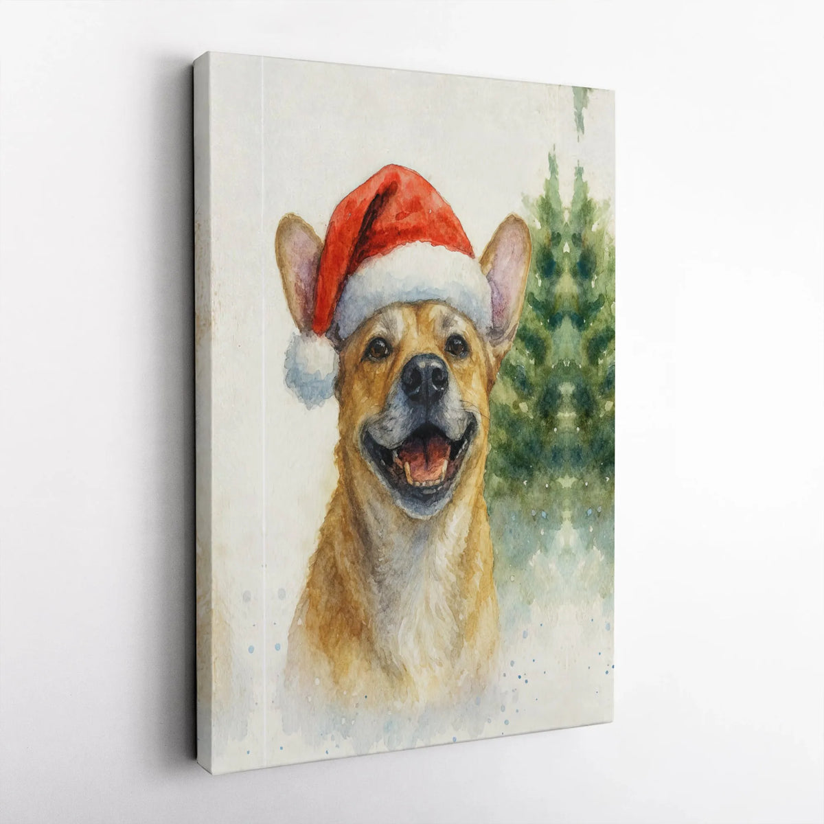 Watercolor Dog in Santa Hat Print, Smiling Christmas Puppy Canvas Art, Adorable Holiday Puppy Wall Decor, Festive Dog Lover C