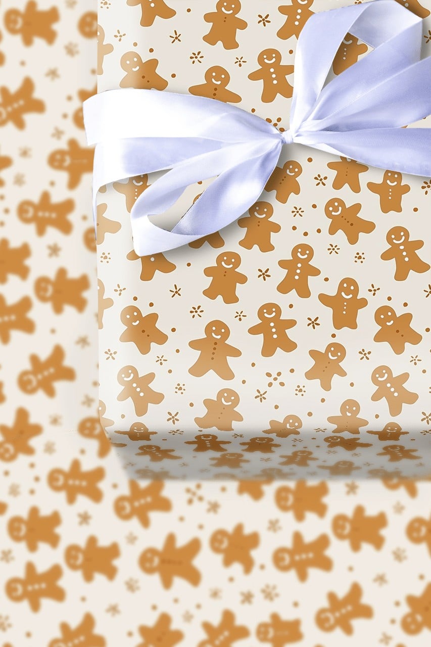 Holiday Cookie Pattern Gift Wrap Paper, Gingerbread Man Christmas Wrapping Paper, Adorable Winter Holiday Present Paper, Xmas