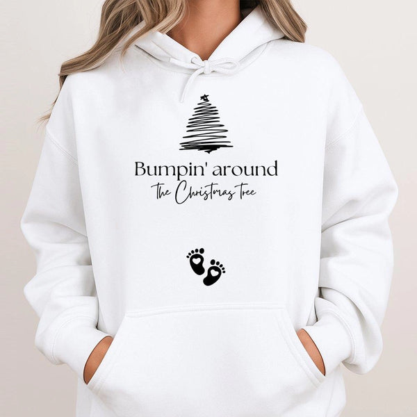 Adorable Holiday Pregnancy Reveal Hooded Sweatshirt, Bumpin' Around the Christmas Tree Hoodie, Mom to Be Baby Announcement Xm