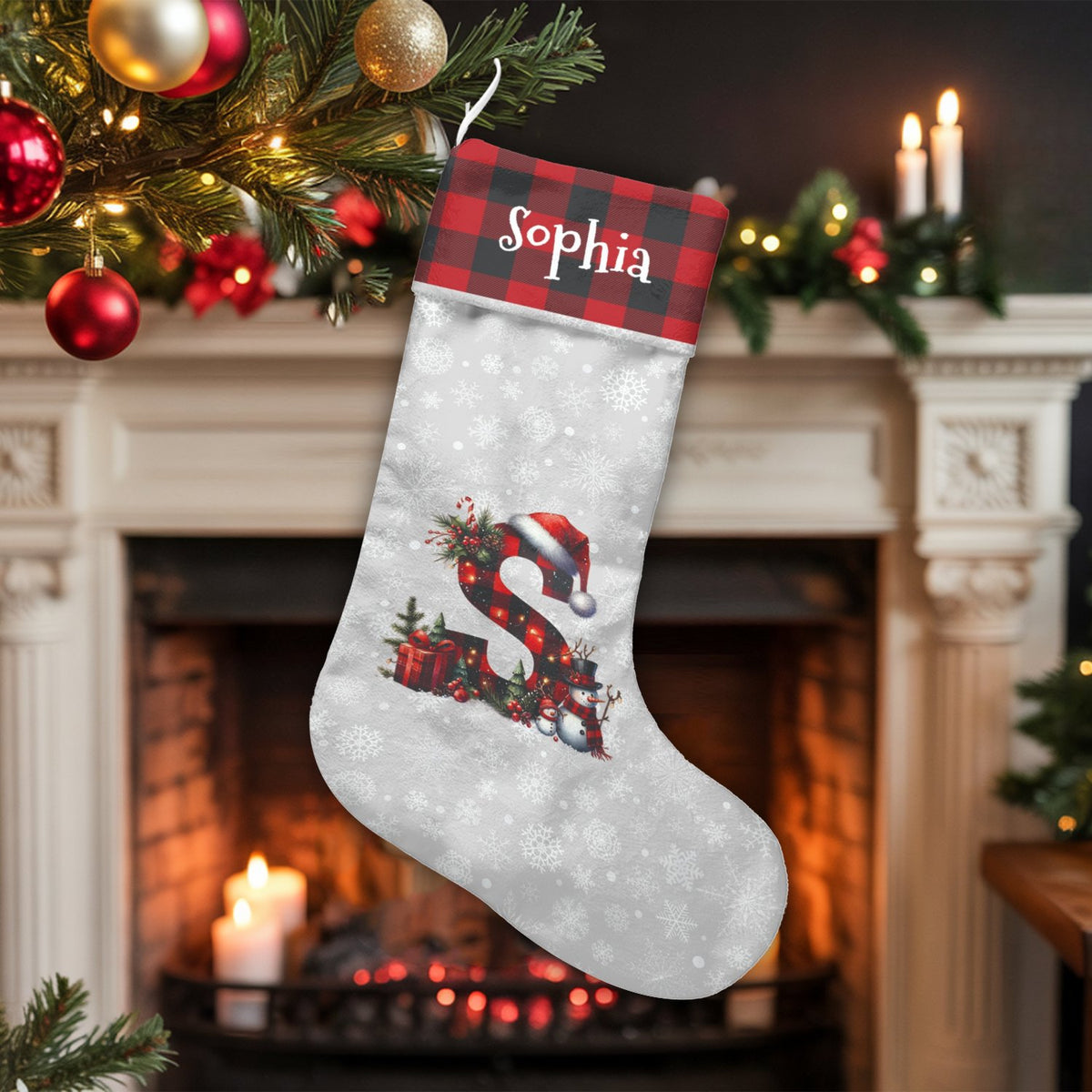 Red Buffalo Plaid Initial Holiday Stocking, Personalized Monogram Christmas Stocking, Custom Name Winter Stocking, Family Fir