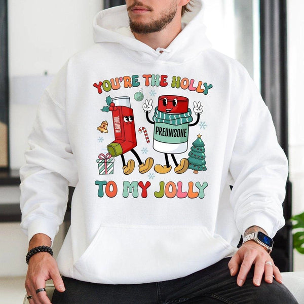 Humorous Albuterol Prednisone Christmas Hoodie, Respiratory Therapist Hoodie, RT Holiday Pullover, Medical Christmas Hoodie, 