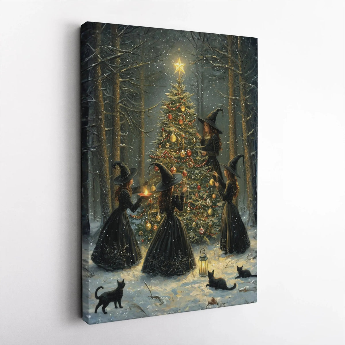 Snowy Forest Gothic Art Canvas, Witches Decorating Christmas Tree Canvas, Witchy Christmas Canvas Print, Dark Cottagecore Hol