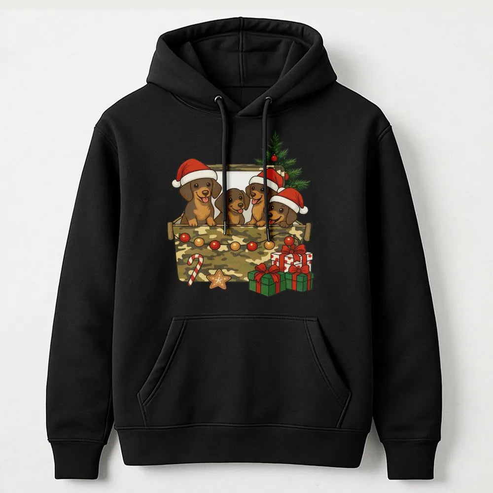 Adorable Wiener Dog Puppy Holiday Hoodie, Dachshund Christmas Hoodie, Retro Xmas Pet Lover Hoodie, Dog Mom Winter Sweatshirt,