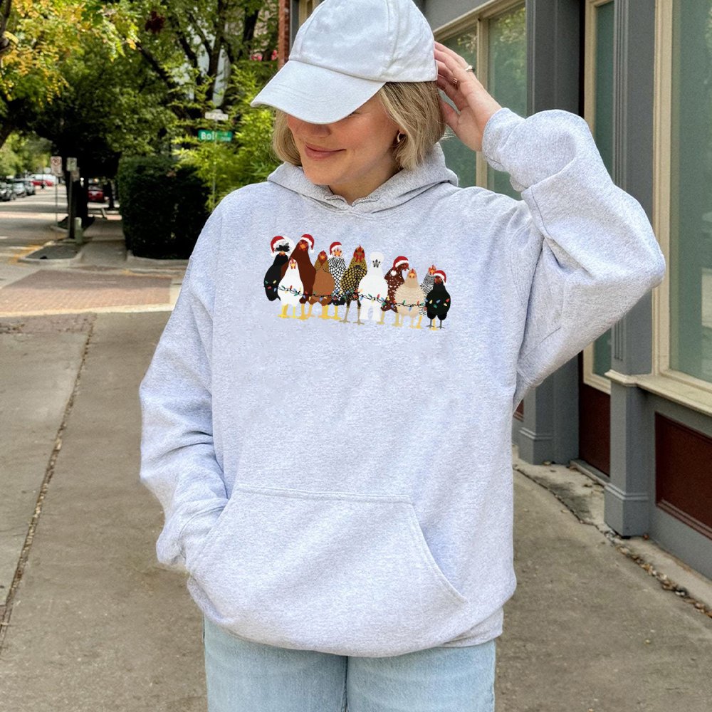 Humorous Farm Animal Holiday Sweatshirt, Christmas Chicken Hoodie, Santa Hat Hen Pullover, Adorable Country Barnyard Hooded S