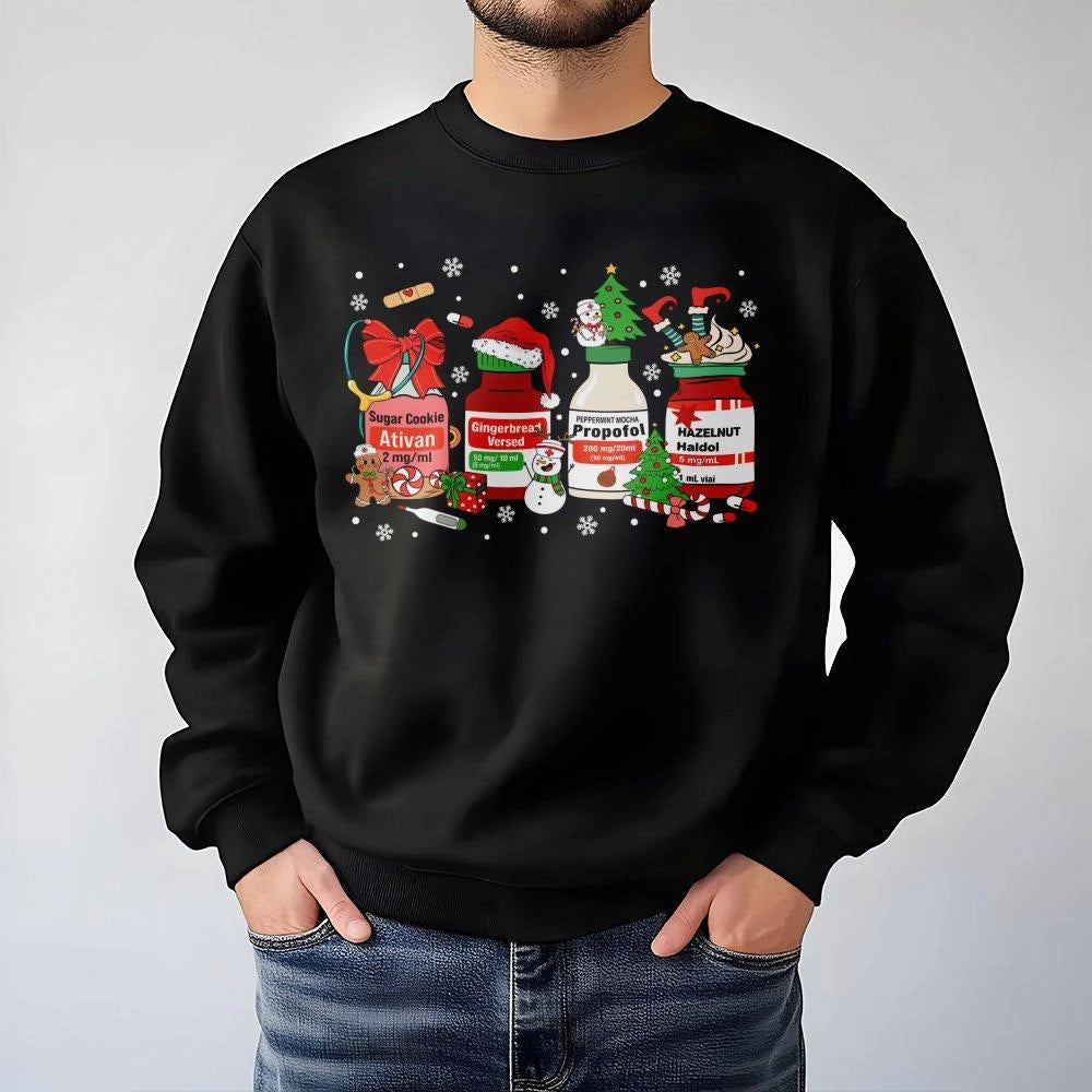 Medical Medication Jar Holiday Sweater, Christmas Nurse Sweatshirt, Humorous RN ICU Crewneck Sweatshirt, Healthcare Worker Ch