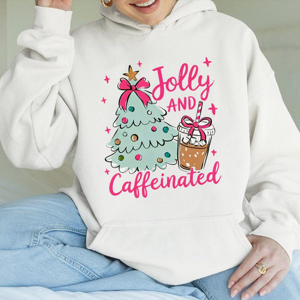 Christmas Coffee Lover Hoodie, Jolly and Caffeinated Hoodie, Adorable Holiday Coffee Pullover, Comfy Xmas Coffee Hoodie, Wint