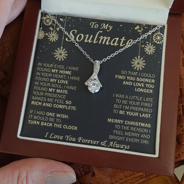 Cubic Zirconia Pendant Necklace, Soulmate Ribbon Necklace, 14k White Gold Over Stainless Steel Romantic Christmas Jewelry for