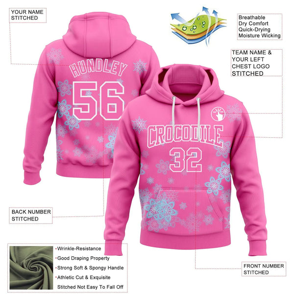Personalized Name Number Holiday Sweatshirt, Custom Pink Christmas Snowflake Hoodie, Festive Winter Pullover Hoodie, Custom X
