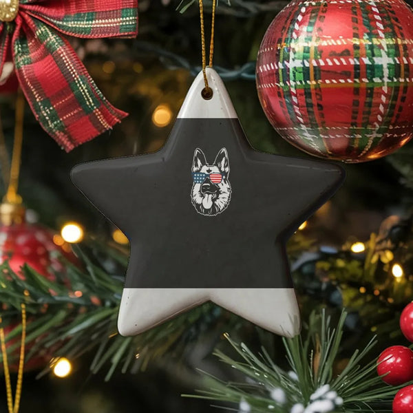 USA Flag Sunglasses Dog Ornament, German Shepherd Patriotic Star Ceramic Ornament, German Shepherd Christmas Tree Decor, Dog 